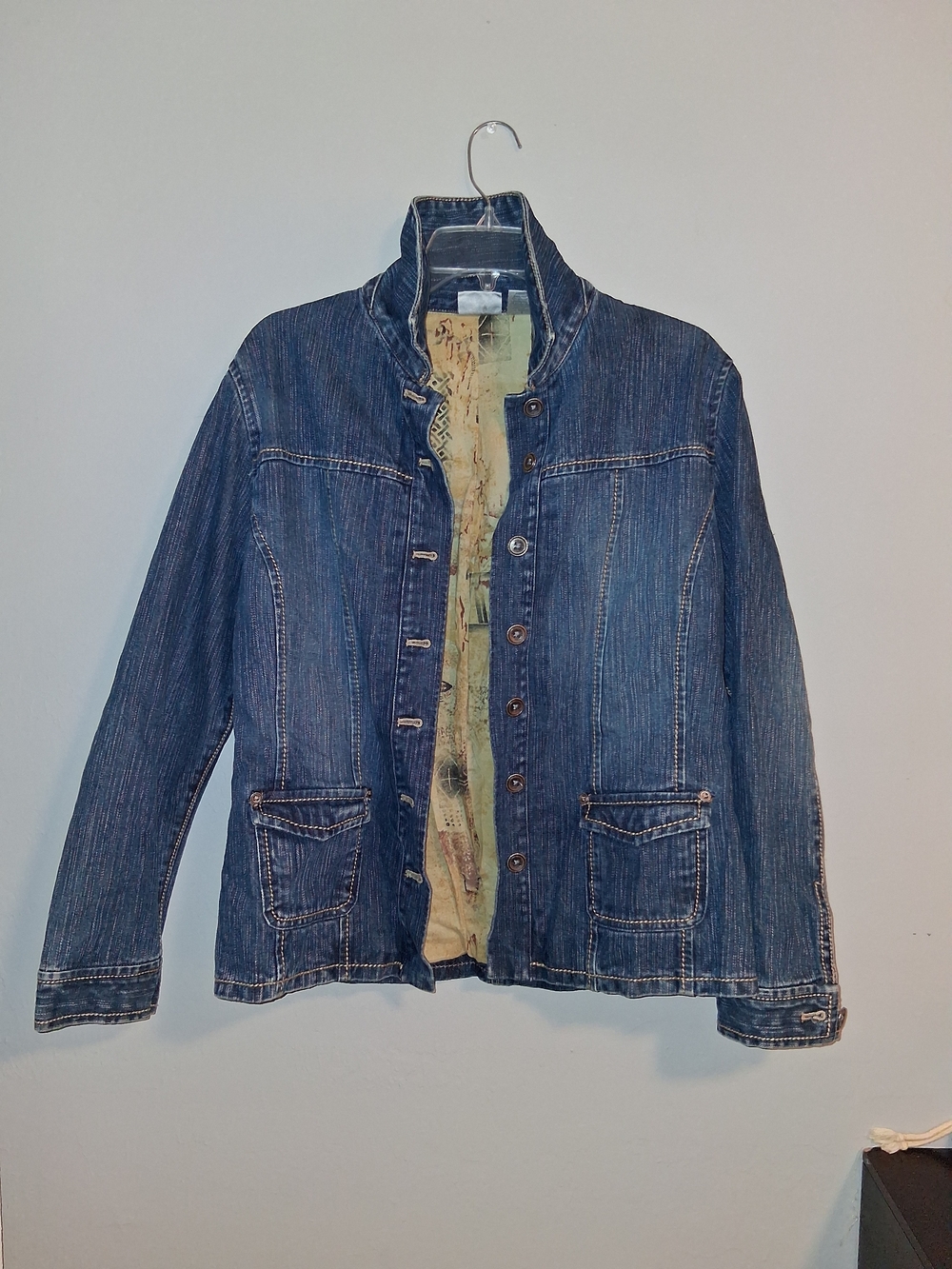 Chico's Dark Blue Denim Jacket with High Collar, size large.
